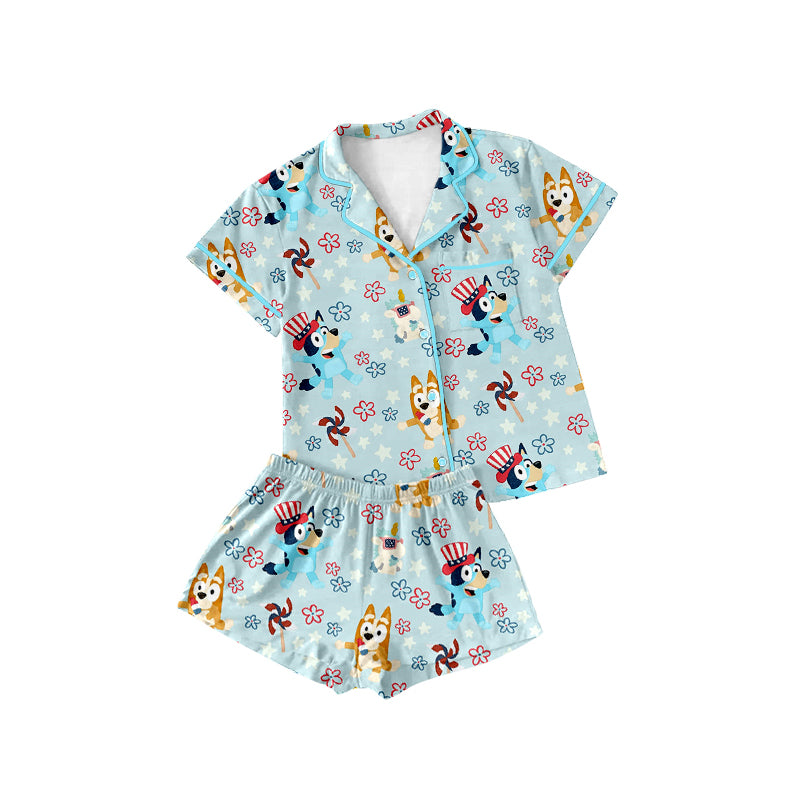 Preorder (moq 5)Baby Girls Blue Short Sleeves Button Pocket Cartoon Dogs Flowers Top Short Pajamas Set