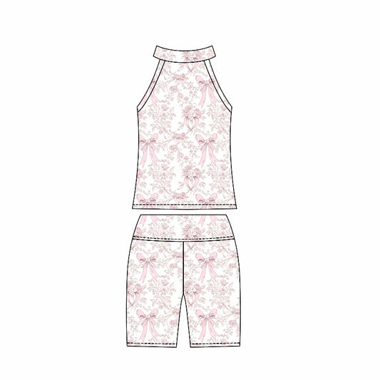 Preorder moq 10 Baby Girls Sleeveless Pink Floral Bows Activity Wear Vest Top Biking Shorts Yoga Set