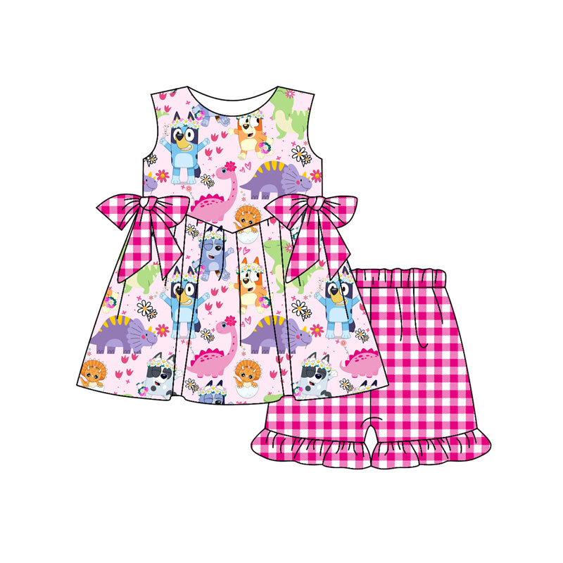 Preorder (moq 5)Baby Girls Pink Sleeveless Cartoon Dogs Dinosaurs Bows Tunic Ruffle Plaid Short Set