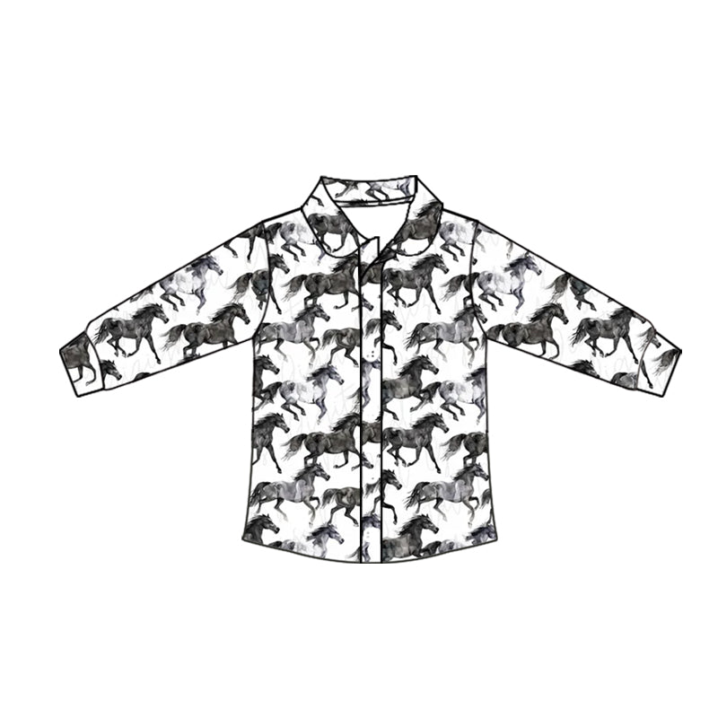 Preorder moq 10 Baby Boys Long Sleeves Black Horses Plaid Button Shirts Top