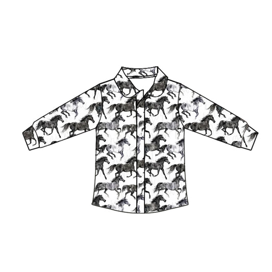 Preorder moq 10 Baby Boys Long Sleeves Black Horses Plaid Button Shirts Top