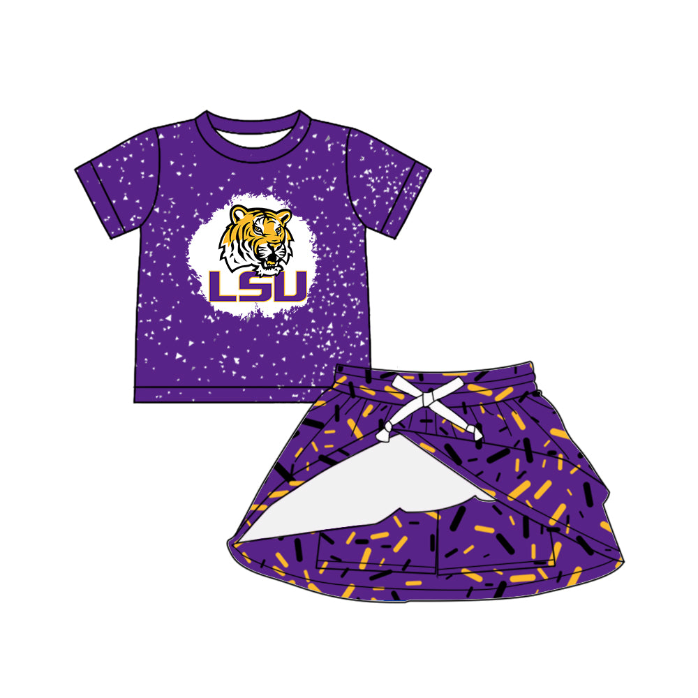Preorder (moq 5)Baby Girls Purple Short Sleeves Tiger LSU Top Drip Skirts Team Set
