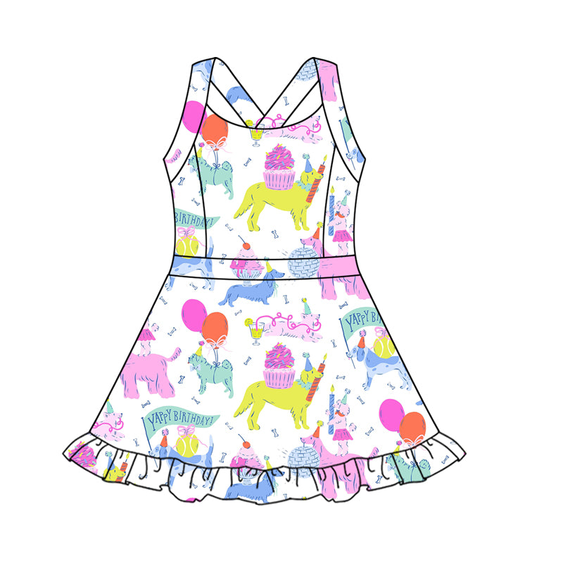 Preorder moq 10 Baby Girls Strap Dogs Happy Birthday Activity Wear Yoga Knee Length Dresses