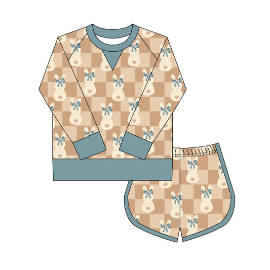 Preorder(moq 8)Baby Girls Khaki Checked Bows Rabbits Long Sleeve Top Shorts Easter Clothes Set