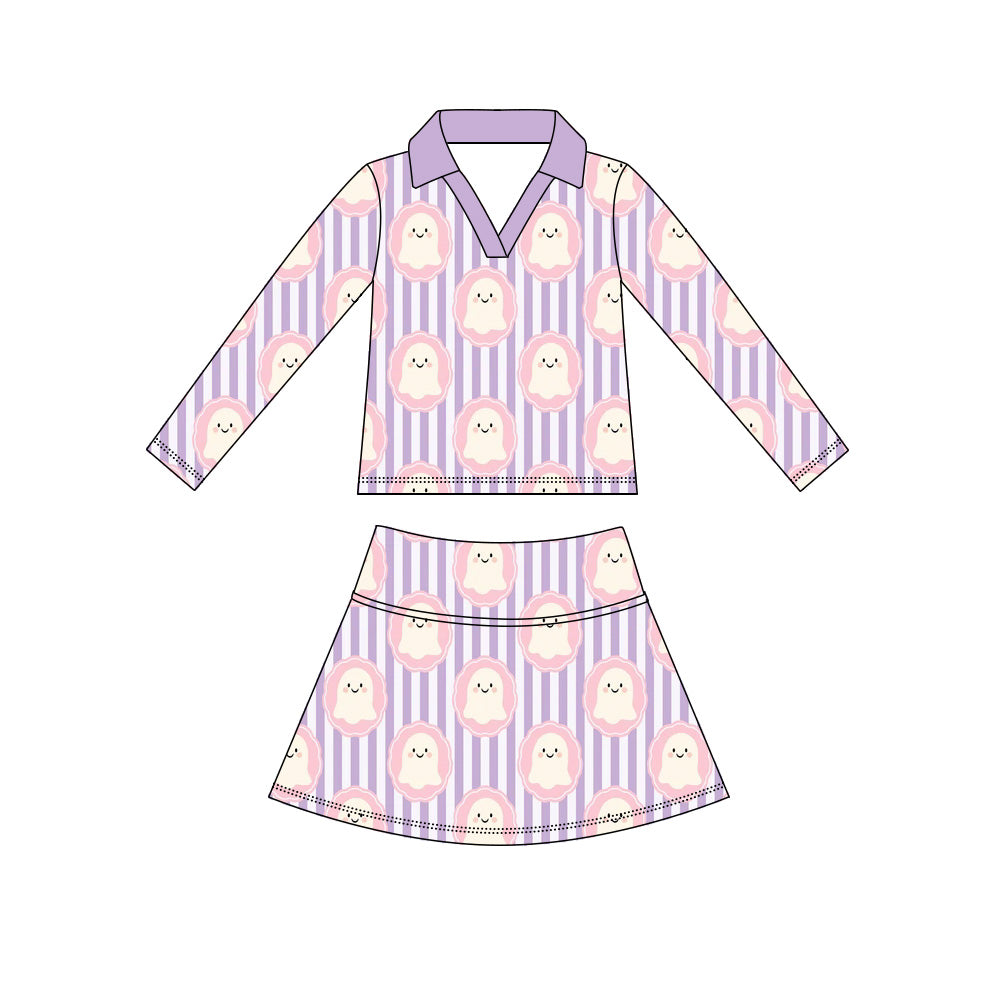 Preorder (moq 5)Baby Girls Purple Stripe Ghosts Top Skirt Shorts Halloween Clothes Sets