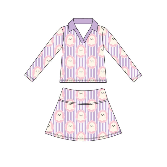 Preorder (moq 5)Baby Girls Purple Stripe Ghosts Top Skirt Shorts Halloween Clothes Sets