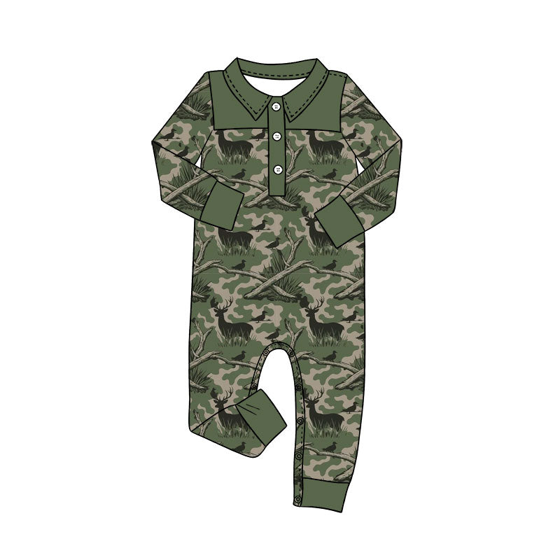 Preorder (moq 5)Baby Boys Long Sleeve Green Camo Duck Deer Button Hunting Rompers