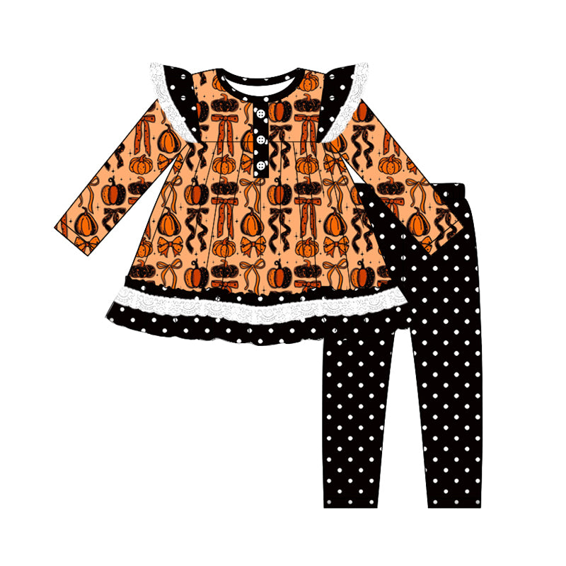 Preorder (moq 5)Baby Girls Long Sleeves Bows Pumpkins Plaid Tunic Polka Dots Leggings Pant Set