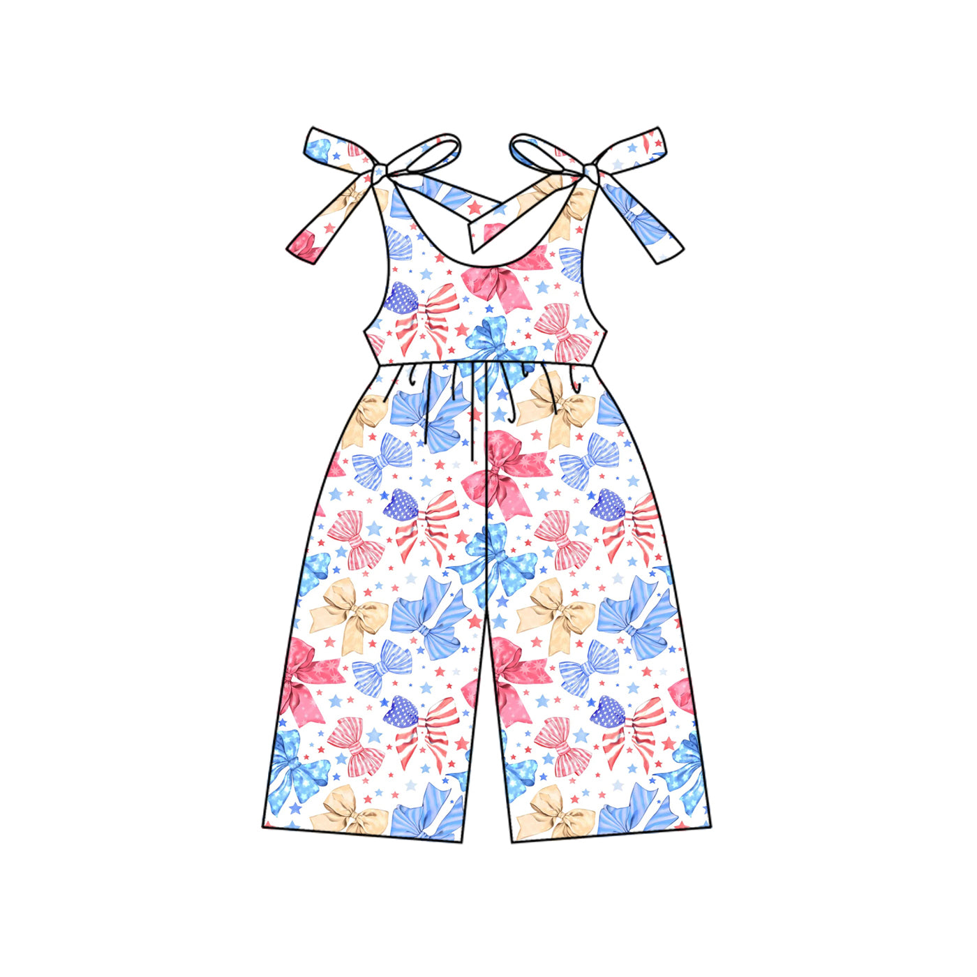 Preorder (moq 5)Baby Girls Strap Blue Red Bows Stars 4th Of July Jumpsuits