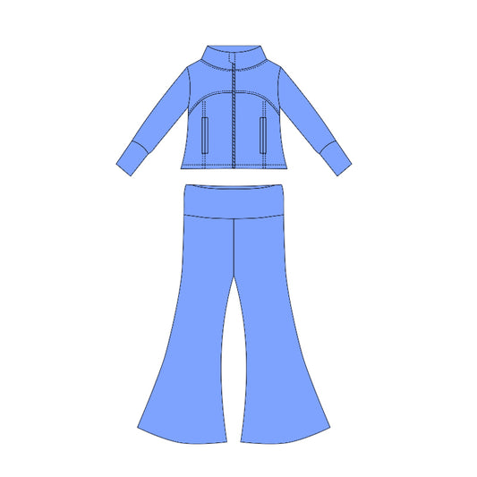 Preorder moq 10 Baby Girls Hot Blue Long Sleeves Pockets Zipper Top Bell Bottom Pant Set