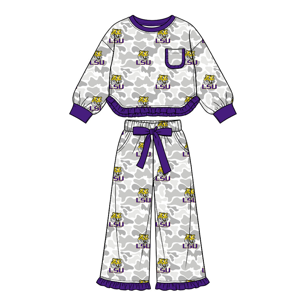 Preorder (moq 5) Baby Girl Clothes Pale Camo Tiger Head Graphic Print Long Sleeve Ruffle Trim Top Wide Leg Pant Outfit Set