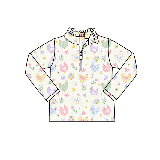 Preorder (moq 5) Baby Girl Clothes Pastel Chicken Floral Allover Print Long Sleeve Half Zip Top