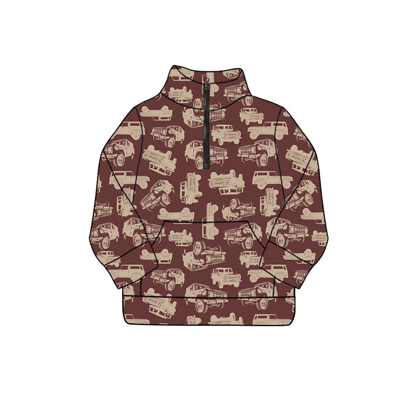 Preorder (moq 5)Baby Boys Long Sleeve Trucks Zip Pockets Western Pullovers Top