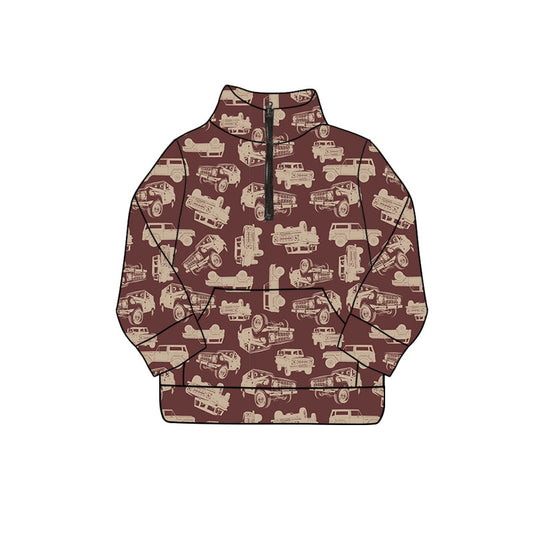 Preorder (moq 5)Baby Boys Long Sleeve Trucks Zip Pockets Western Pullovers Top