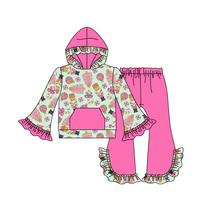 Preorder (moq 5)Baby Girls Christmas Pink Soldier Hoodie Top Bell Bottom Pants Sets