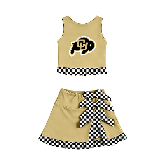 Preorder(moq 5)Baby Girls Bufaloes Vest Top Bows Skirt Short Team Clothes Sets