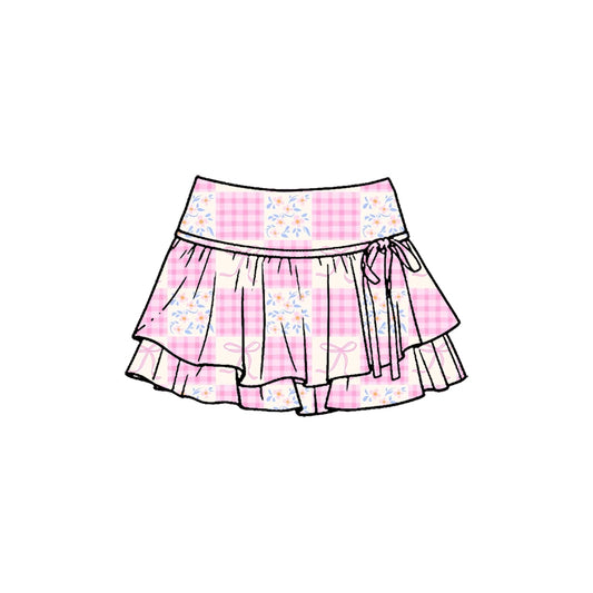 Preorder (moq 5)Baby Girls Pink Flowers Bows Checked Double Ruffle Skirt Shorts Bottom