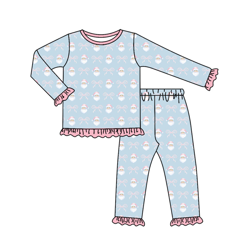 Preorder (moq 5)Baby Girls Long Sleeves Pink Santa Bows Top Pant Pajamas Clothes Set