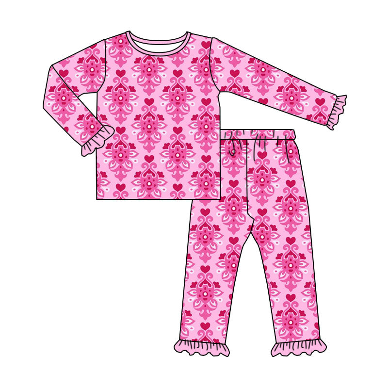 Preorder (moq 5) Baby Girl Clothes Pink Damask Heart Mixed Print Long Sleeve Ruffle Pajama Set