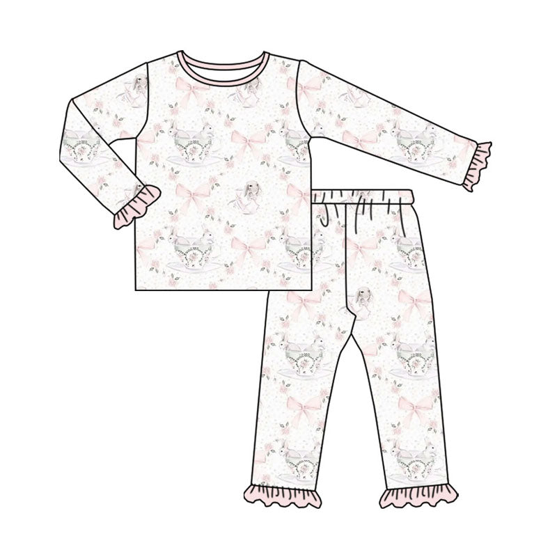Preorder (moq 5)Baby Girls Pink Bows Rabbits Top Ruffle Pants Easter Pajamas Sets