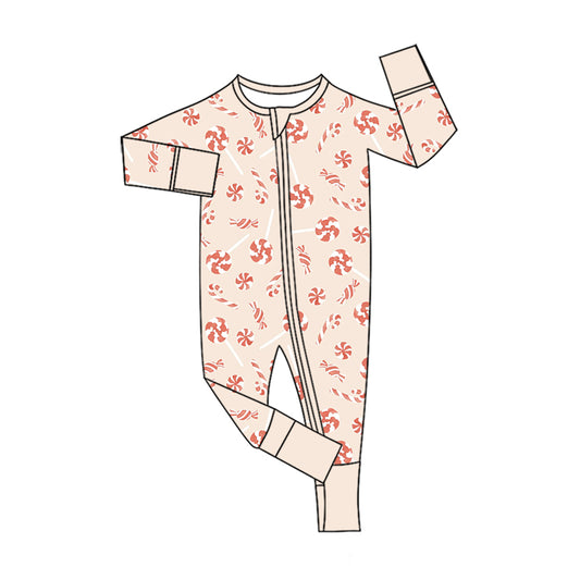 Preorder (moq 5)Baby Girls Candy Cane Christmas Two Way Zip Convertible Rompers