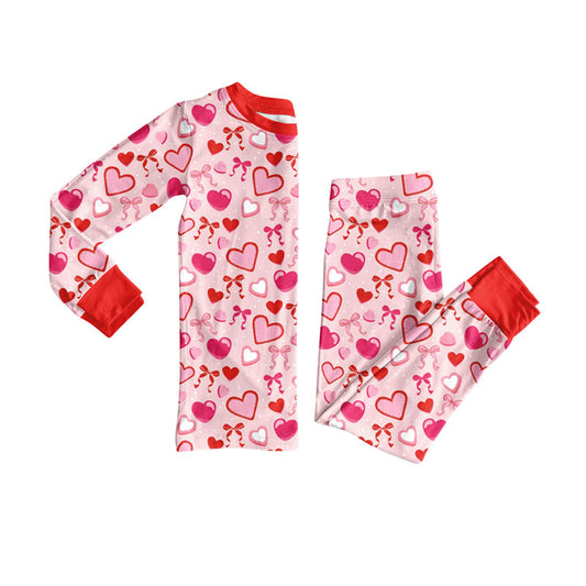 Preorder (moq 5)Baby Girls Red Hearts Bows Top Pants Valentine Pajamas Sets