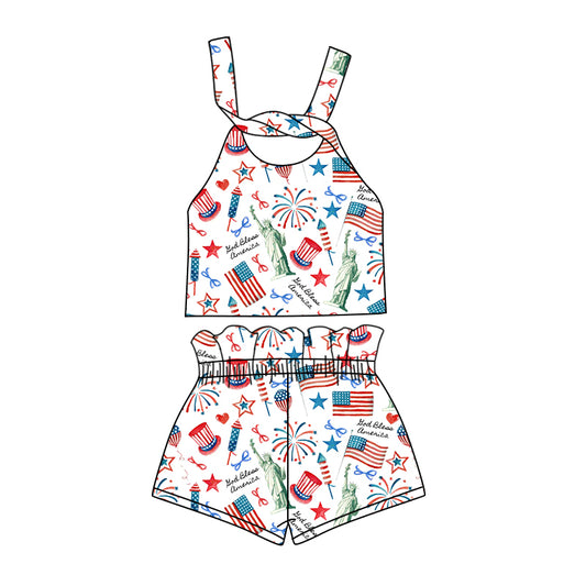Preorder (moq 5)Baby Girls 4th Of July Flags Straps Top Shorts Clothes Sets
