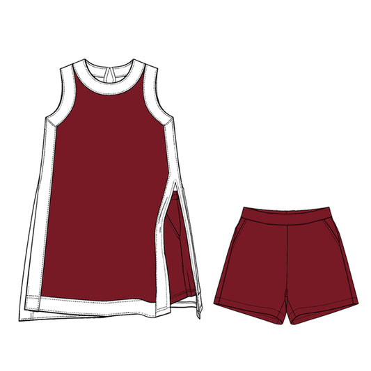 Preorder moq 5 Baby Girls White Maroon Split Tunic Pockets Short Clothes Sets