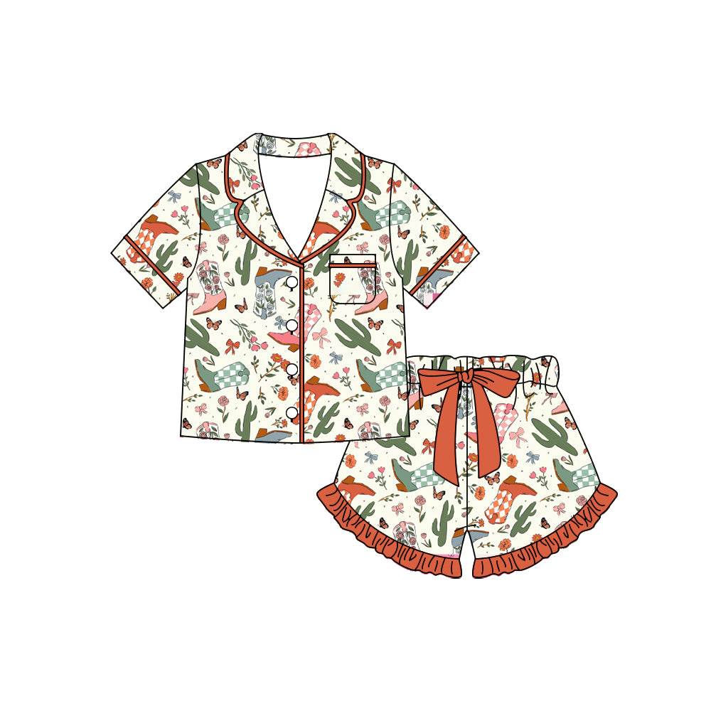 Preorder moq 5 Baby Girls Boots Flowers Cactus Button Pocket Top Ruffle Shorts Western Pajamas Sets