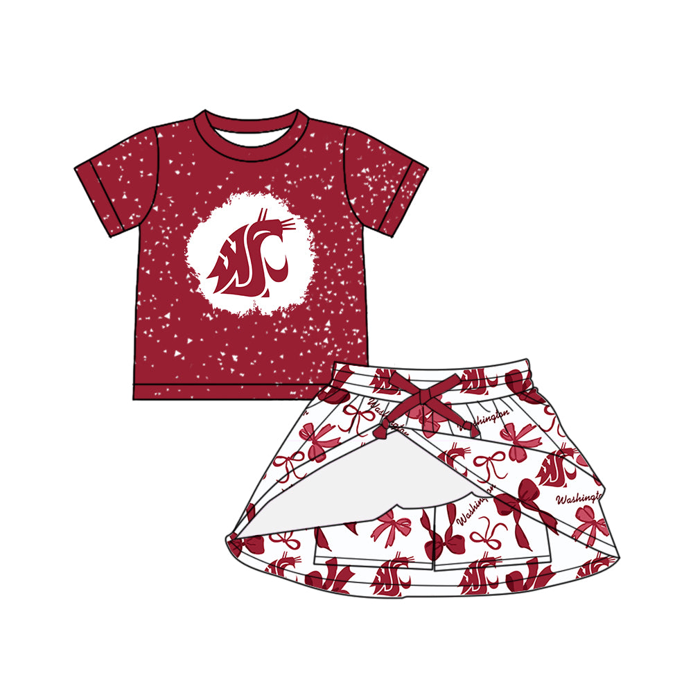 Preorder (moq 5)Baby Girls Red Short Sleeves Top Bows Plaid Washinqton Skorts Team Set