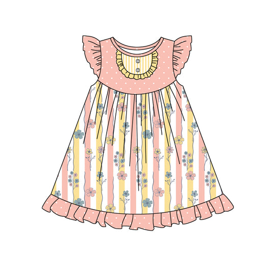 Preorder (moq 5)Baby Girls Pink Yellow Flowers Flutter Sleeve Knee Length Dresses