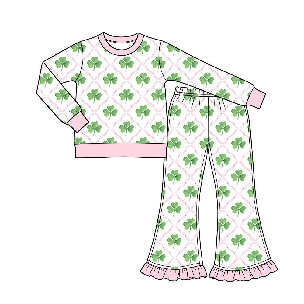 Preorder (moq 5) Baby Girl Clothes St Patrick Clover Pink Lattice Allover Print Long Sleeve Top Ruffle Flare Pant Set