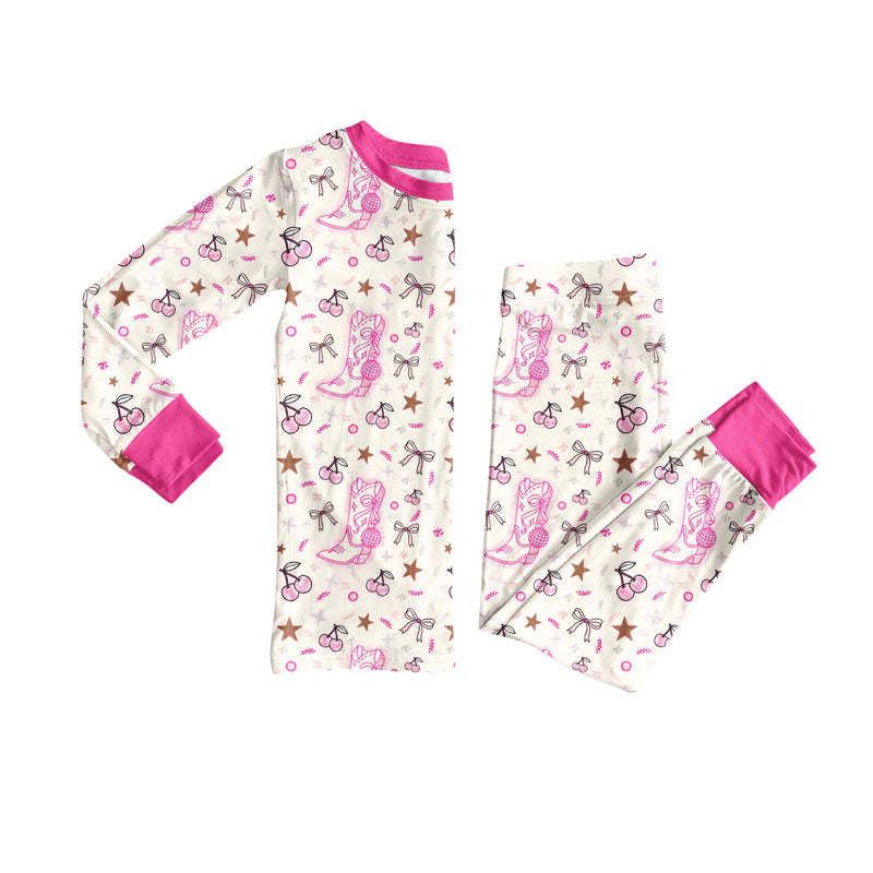 Preorder (moq 5)Baby Girls Pink Boots Cheers Top Pant Pajamas Sets