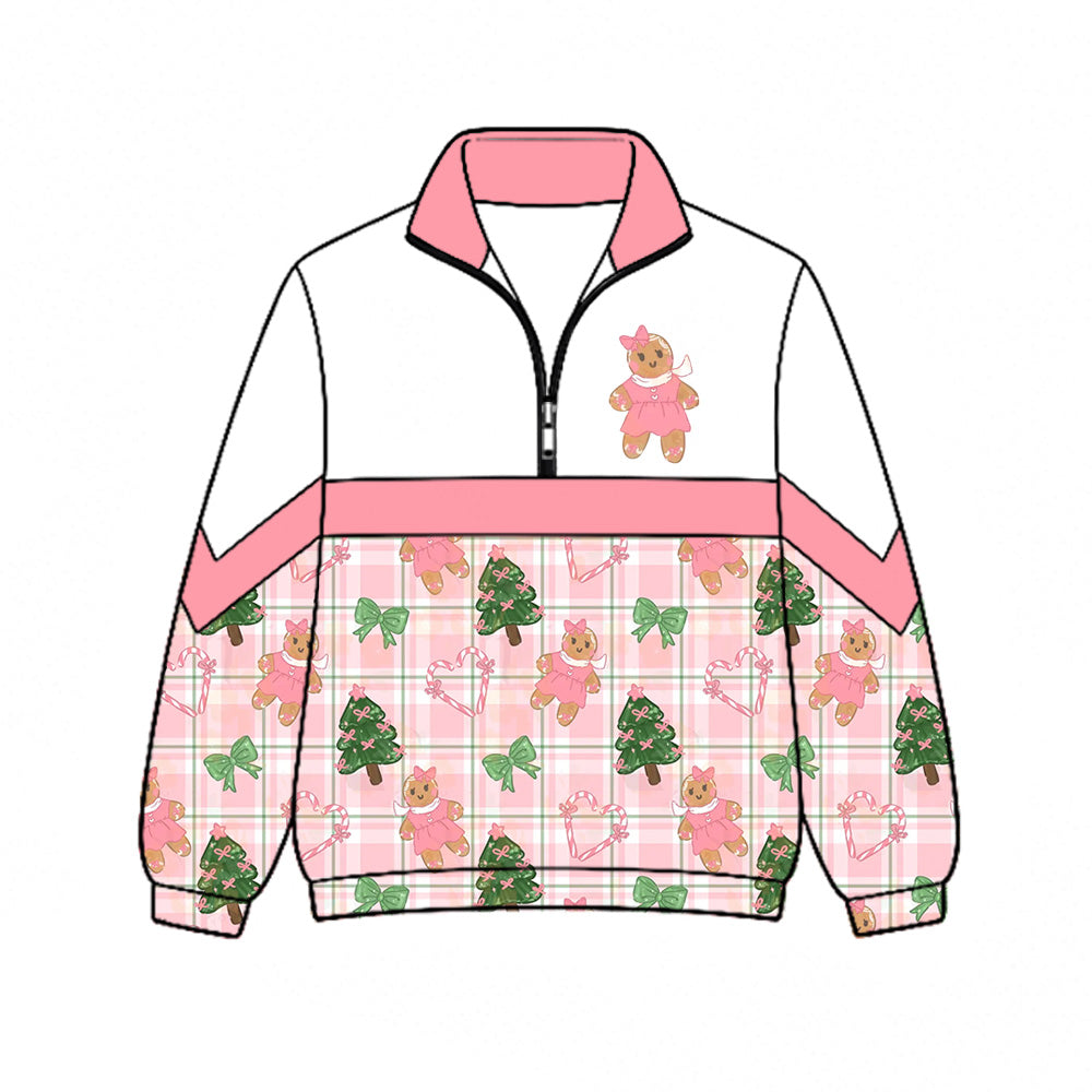 Preorder (moq 5)Baby Girls Bows Gingerbread Trees Christmas Zip Pullovers Top