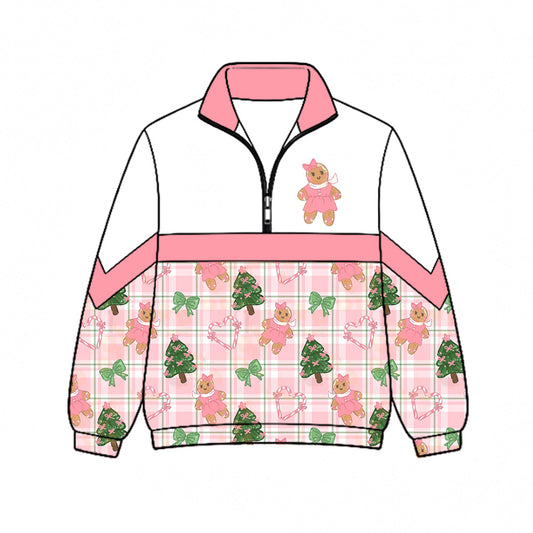Preorder (moq 5)Baby Girls Bows Gingerbread Trees Christmas Zip Pullovers Top