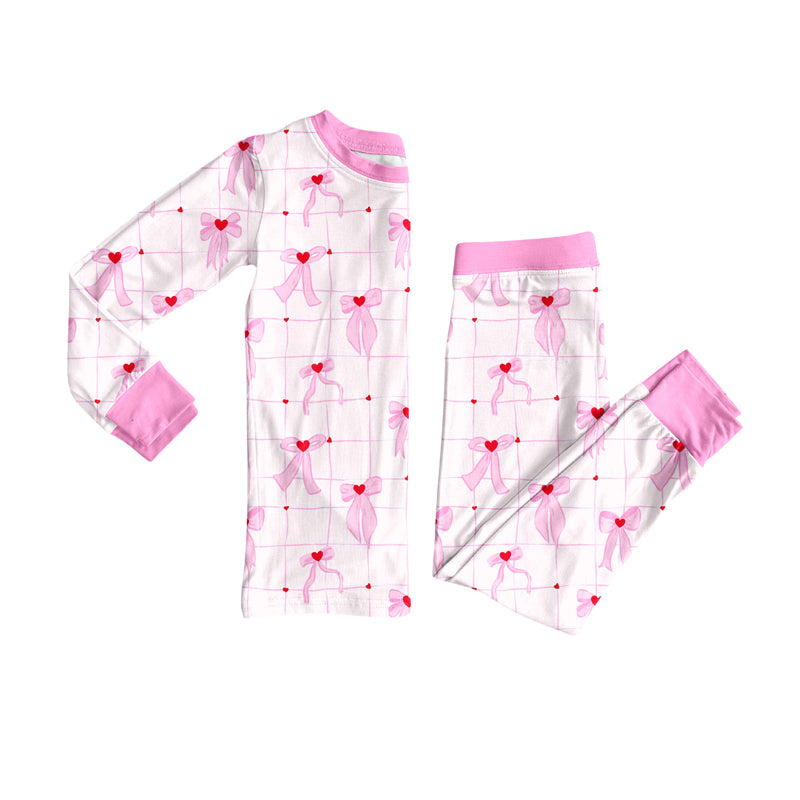 Preorder (moq 5)Baby Girls Long Sleeves Pink Bows Hearts Plaid Top Pants Pajamas Set