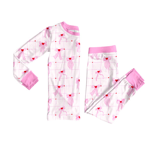 Preorder (moq 5)Baby Girls Long Sleeves Pink Bows Hearts Plaid Top Pants Pajamas Set