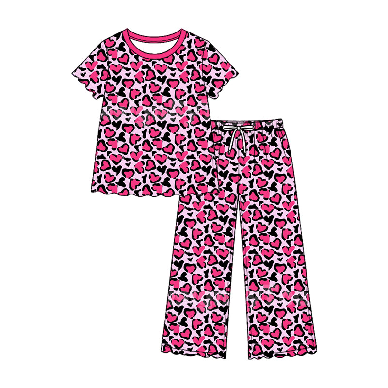 Pre-order(moq5)  Girls’ Fall Fuchsia Heart Print Round-Neck Short-Sleeve Top & Bow-Detail Elastic-Waist Straight-Leg Pants Two-Piece Outfit Set