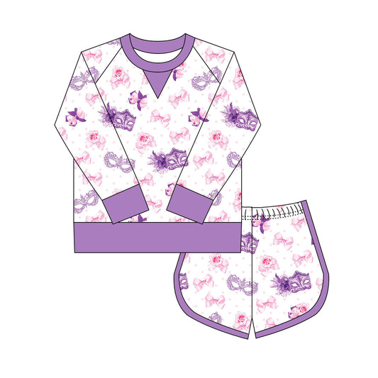 Preorder(moq 8)Baby Girls Bows Masks Polka Dots Long Sleeve Top Shorts Mardigras Clothes Sets