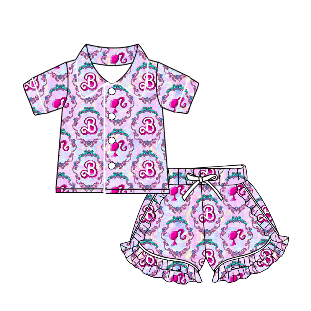 Baby Girls Pink Doll Princess Buttons Top Ruffle Shorts Pajamas Sets preorder(MOQ 5)