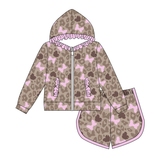 Preorder(moq 8)Baby Girls Brown Leopard Butterfly Pockets Zip Hoodie Jacket Shorts Clothes Sets