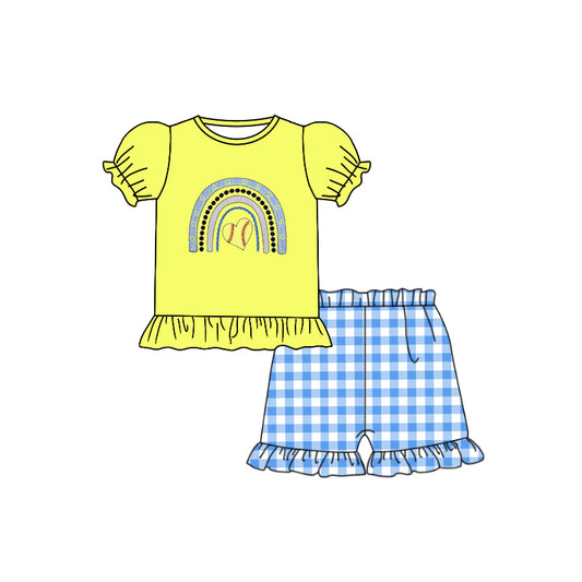 Baby Girls Rainbow Softball Tee Top Ruffle Shorts Clothes Sets preorder(moq 5)