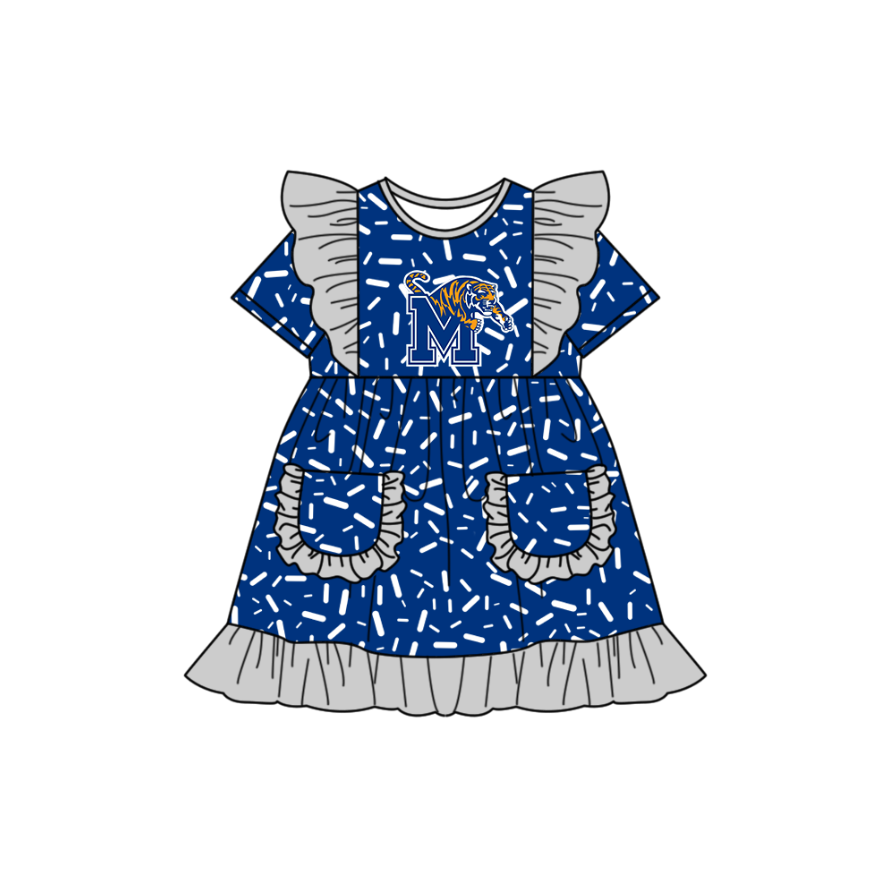 Preorder (moq 5)Baby Girls Flutter Short Sleeve Blue Sprinkles M Tiger Pockets Team Ruffle Knee Length Dresses