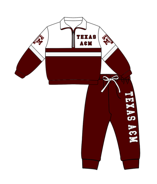 Preorder (moq 5)Baby Boys Texas A&M Zipper Pullover Jogger Pants Team Clothes Set