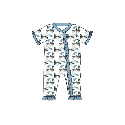 Baby Infant Girls Blue Mallard Ducks Ruffle Zip Rompers preorder(moq 5)