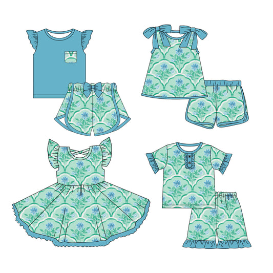 Preorder moq 5 Custom Baby Girls Green Floral Plaid Top Short Sets Knee Length Dresses