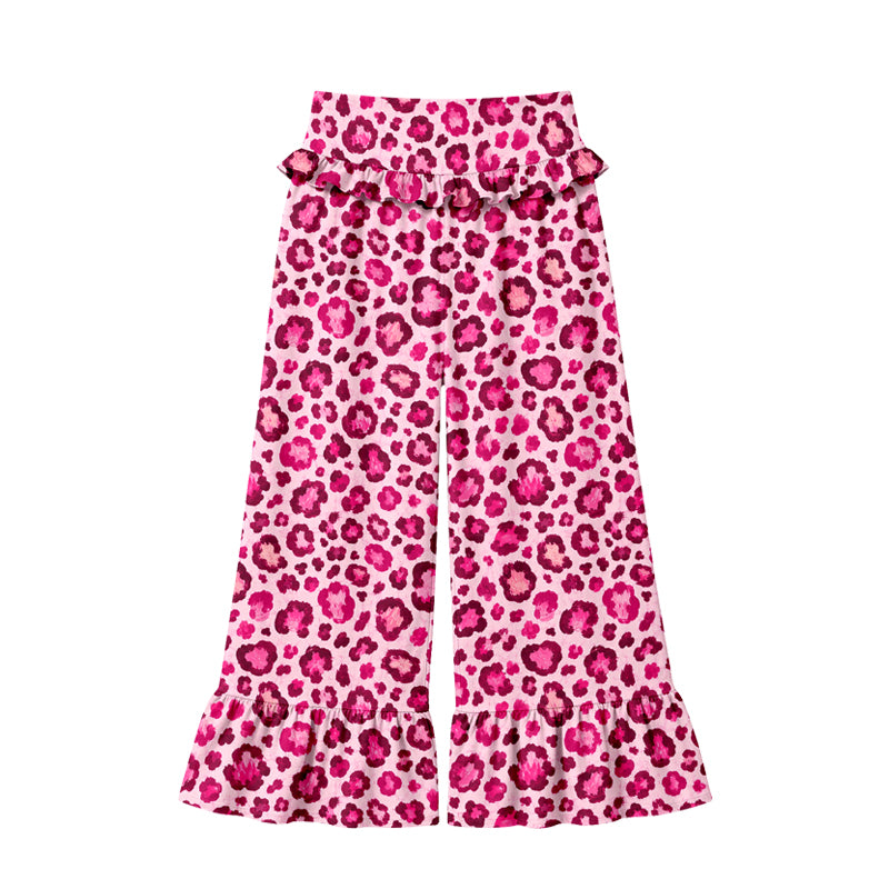 Preorder (moq 5) Women Clothes Pink Leopard Print High Waist Ruffle Hem Wide Leg Pants