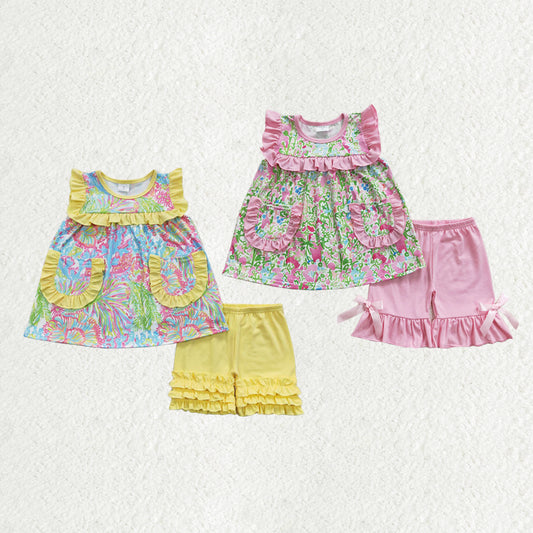 Sibling Baby Girls Sleeveless Watercolor Floral Tunic Ruffle Shorts Set