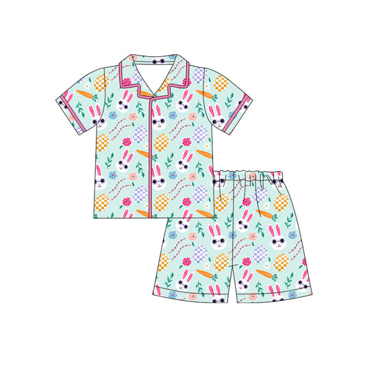 Preorder (moq 5)Baby Girls Rabbits Eggs Flowers Button Top Shorts Easter Pajamas Sets