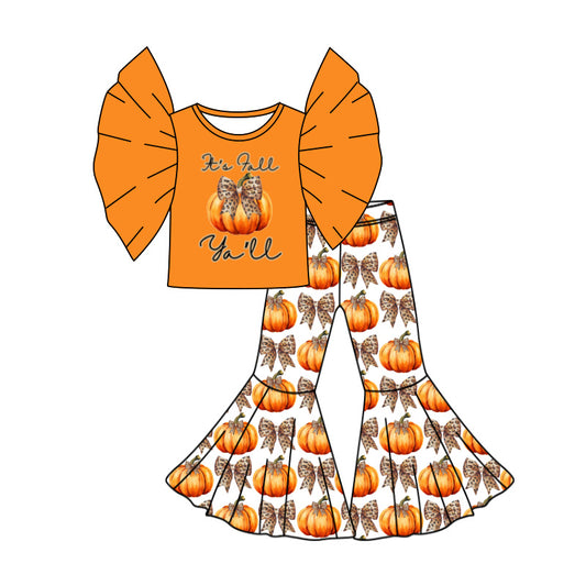 Preorder (moq 5)Baby Girls Bell Sleeve Bow Pumpkins Top Bell Bottom Pants Fall Clothes Set